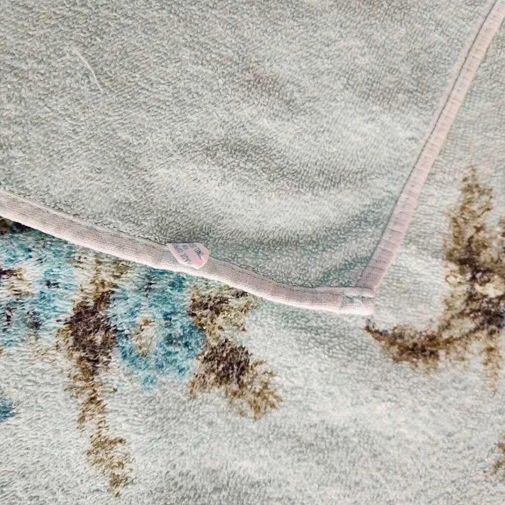 Vintage 70s Cannon Bath Towel Teal Blue Green Floral Hollywood Regency